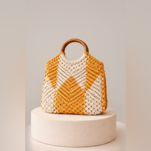 Mandalay and Company Handbags - Chevorn Knotted Pattern Macrame Bag with Wooden Handle